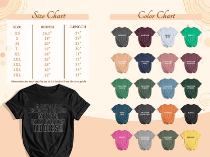 Size chart and color options for shirts, including a black shirt with white text.