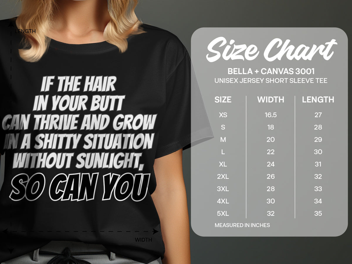 Black t-shirt with text and Bella + Canvas 3001 size chart.