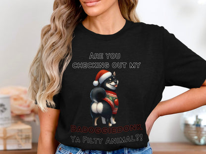 Black t-shirt with a Shiba Inu wearing a Santa hat and sweater, and text.
