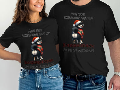Black t-shirts with a Shiba Inu wearing a Santa hat and sweater, reading "BADOGGIEDONK YA FILTY ANIMAL?!".