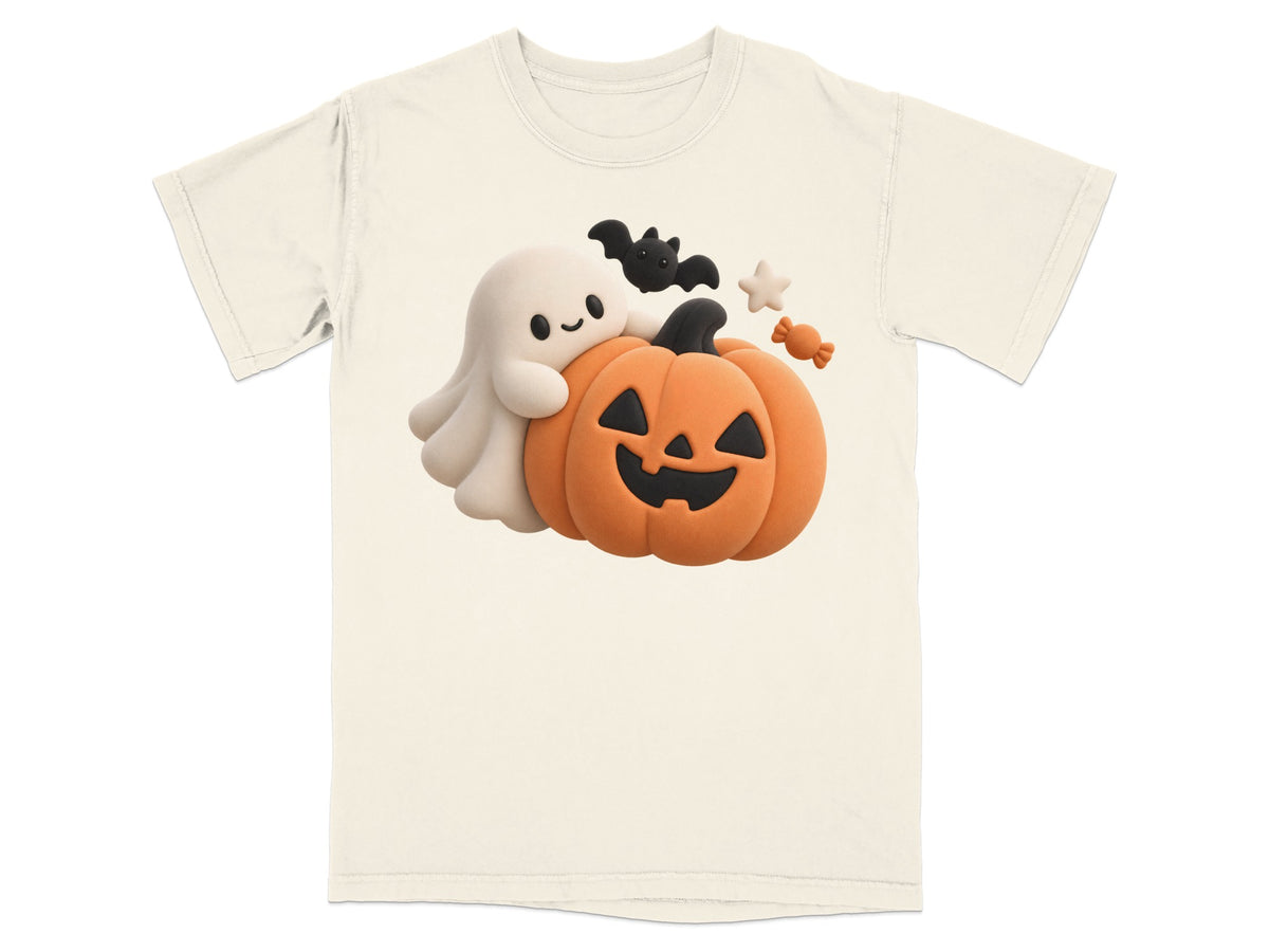 Cream t-shirt with a friendly ghost hugging a jack-o'-lantern with a bat and candy.