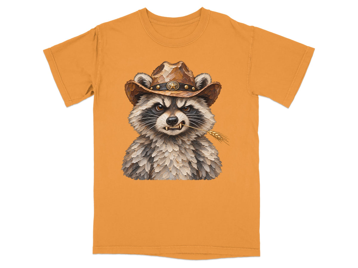 Orange t-shirt with a raccoon wearing a cowboy hat and holding wheat.