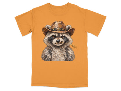 Orange t-shirt with a raccoon wearing a cowboy hat and holding wheat.