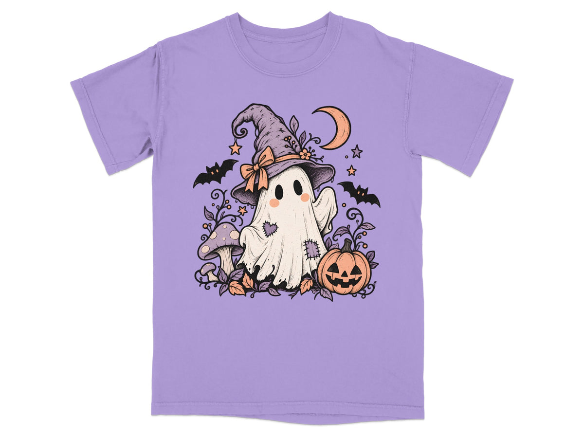 Ghost in witch hat with pumpkin, mushrooms, bats, and crescent moon.