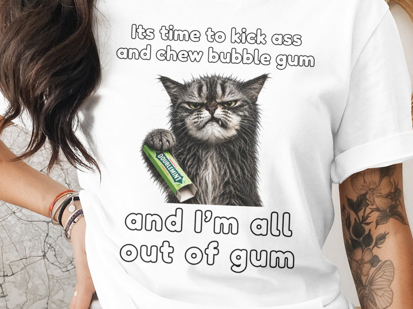 White t-shirt with angry cat holding Doublemint gum and text.
