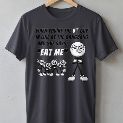 Dark grey t-shirt with text and cartoon characters.