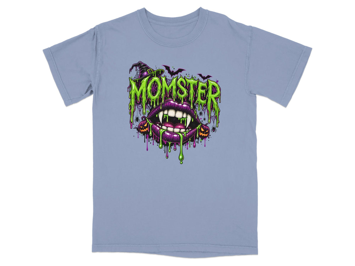 T-shirt with "MOMSTER" text, dripping lips, witch hat, bats, spiders, and pumpkins.