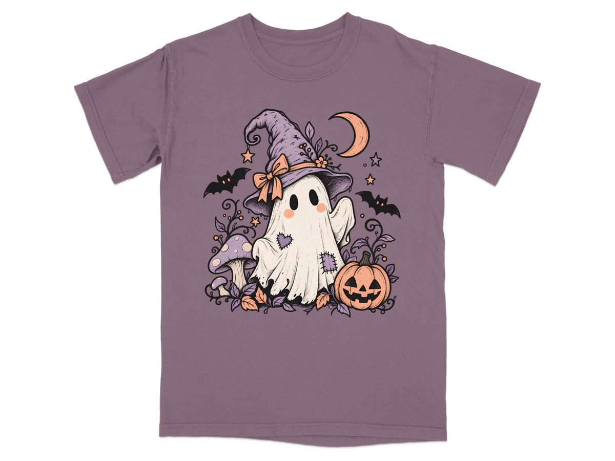 Cute ghost wearing witch hat with pumpkin, mushrooms, bats, and crescent moon.
