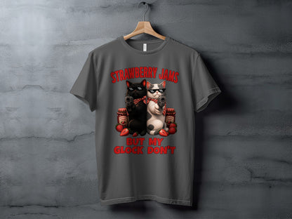 Two cats with guns and sunglasses, "Strawberry Jams But My Glock Don't" text.