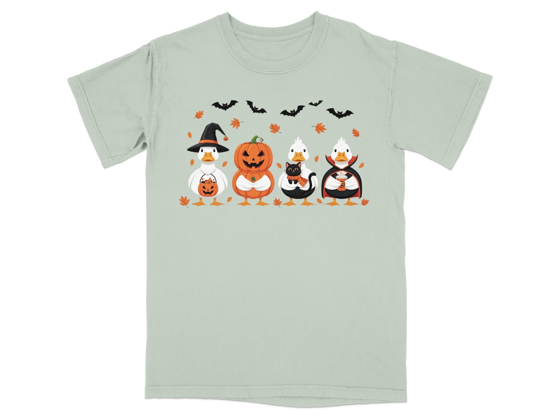 Four ducks in Halloween costumes: witch, pumpkin, cat, and vampire.