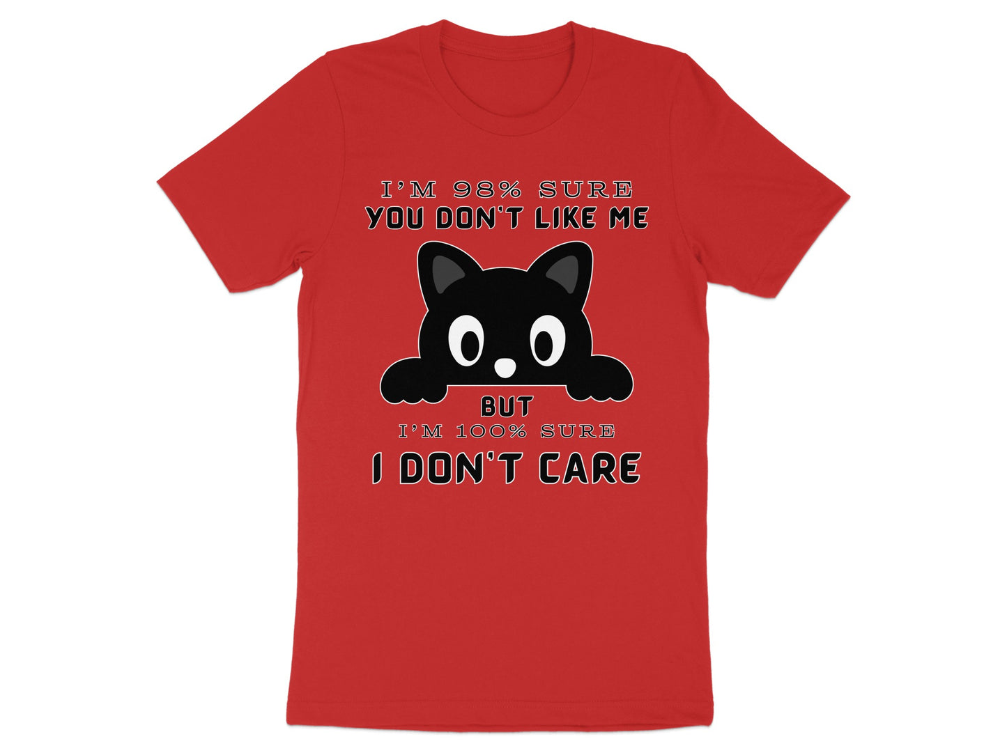 Red t-shirt with black cat graphic and "I don't care" text.