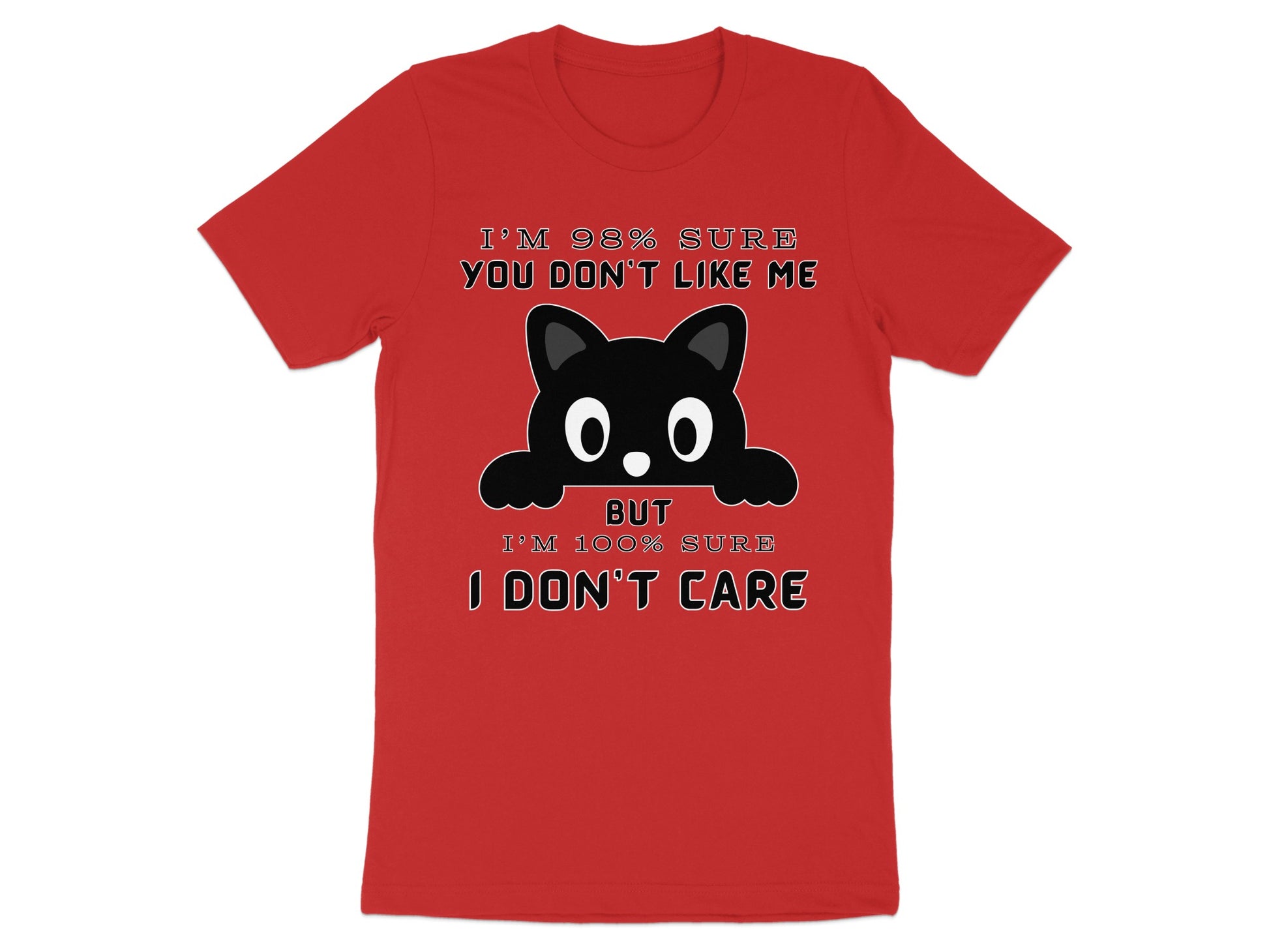 Red t-shirt with black cat graphic and "I don't care" text.