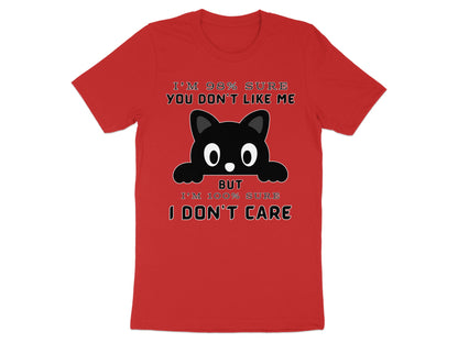 Red t-shirt with black cat graphic and "I don't care" text.