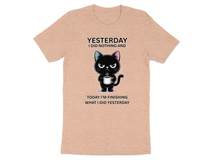 Peach t-shirt with black cat holding coffee and text "Yesterday I did nothing".