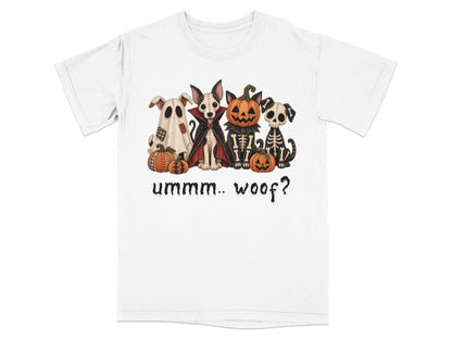 Four dogs dressed for Halloween with pumpkins and the text "ummm.. woof?".