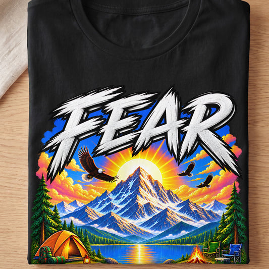 Black t-shirt with "FEAR" text and a mountain landscape with eagles and camping gear.