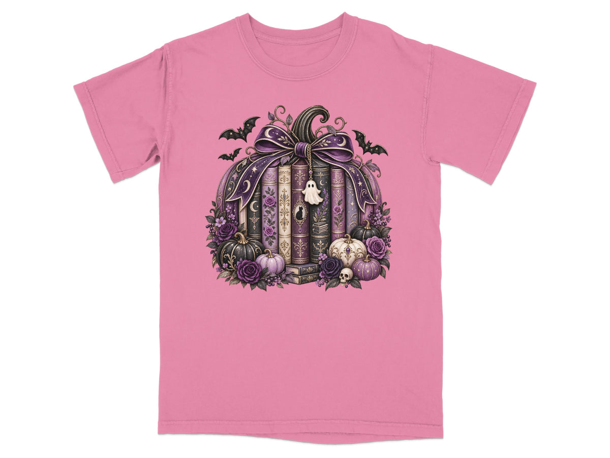 Halloween pumpkin design with books, bats, ghosts, pumpkins, roses, and skulls.