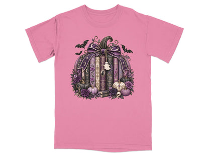 Halloween pumpkin design with books, bats, ghosts, pumpkins, roses, and skulls.