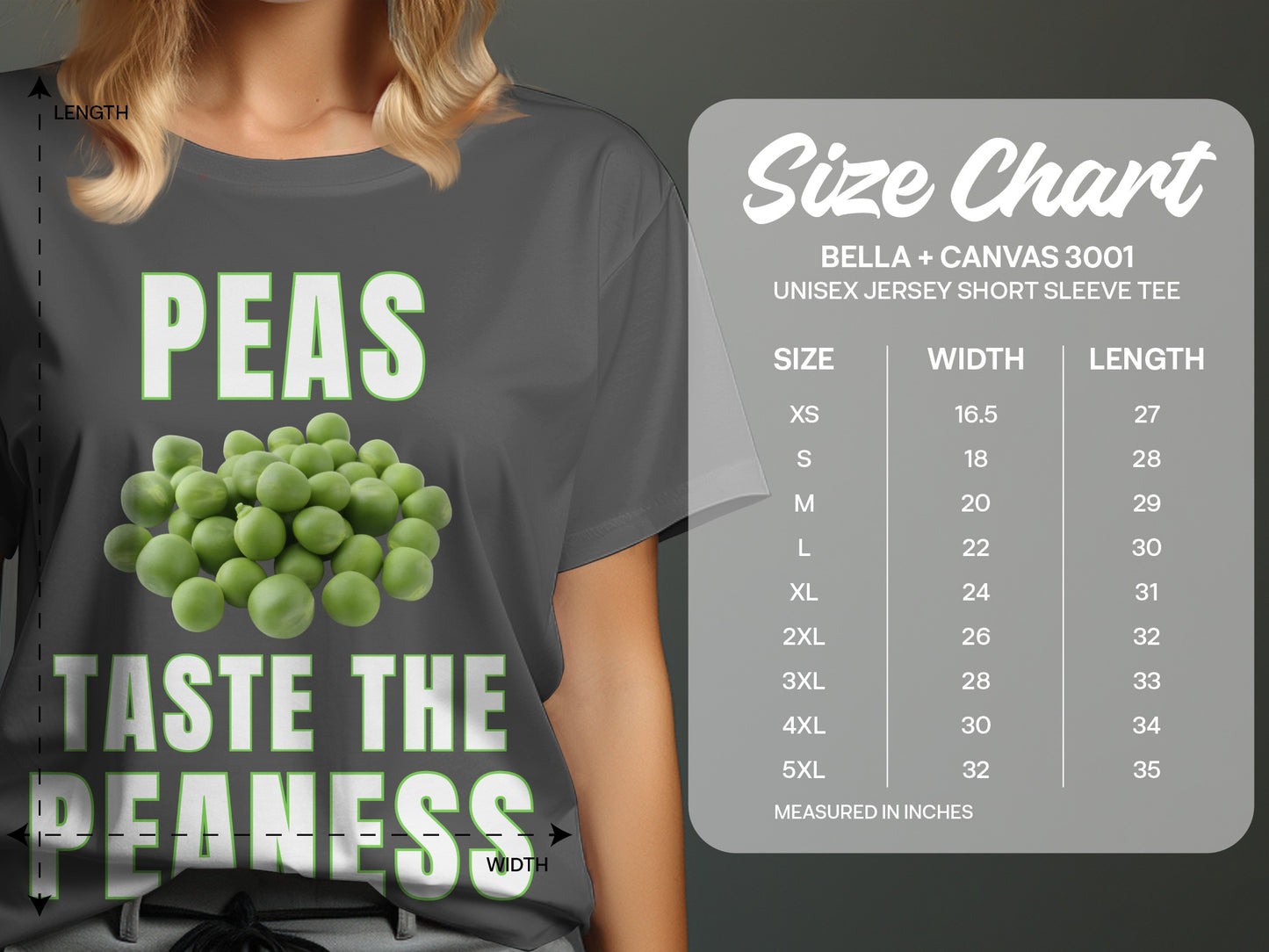 T-shirt with "PEAS" graphic, pile of peas, and "TASTE THE PEANESS" text. Size chart included.