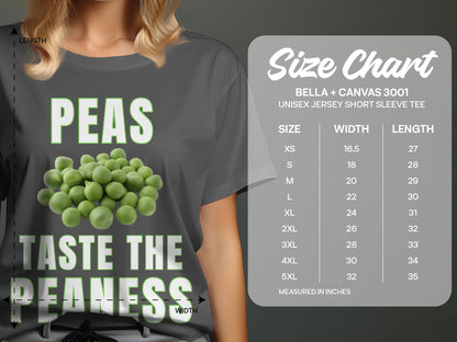 T-shirt with "PEAS" graphic, pile of peas, and "TASTE THE PEANESS" text. Size chart included.