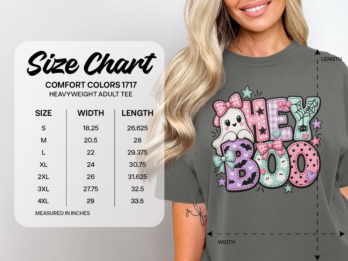 Comfort Colors 1717 size chart for heavyweight adult tee with "Hey Boo" Halloween graphic.