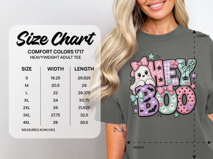 Comfort Colors 1717 size chart for heavyweight adult tee with "Hey Boo" Halloween graphic.