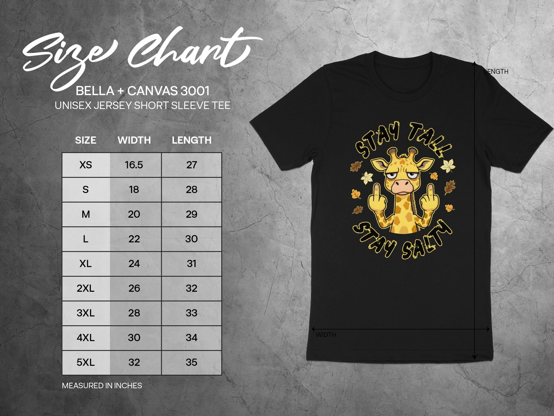 Size chart for Bella + Canvas 3001 unisex short sleeve tee with giraffe graphic.