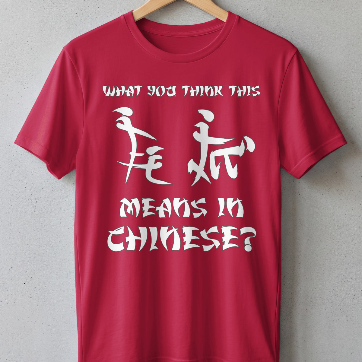 Red t-shirt with white text "WHAT YOU THINK THIS MEANS IN CHINESE?" and Chinese characters.