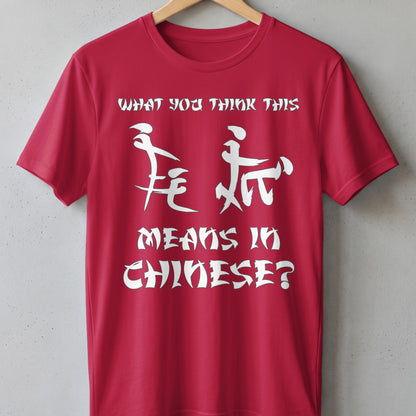 Red t-shirt with white text "WHAT YOU THINK THIS MEANS IN CHINESE?" and Chinese characters.