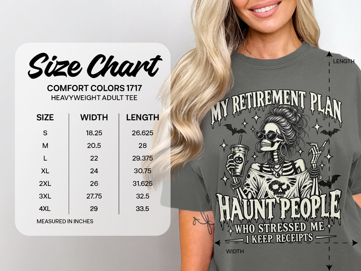 Comfort Colors 1717 size chart for heavyweight adult tee with graphic.