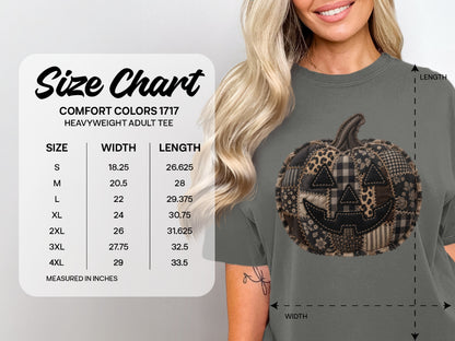 Comfort Colors 1717 heavyweight adult tee size chart with width and length measurements.
