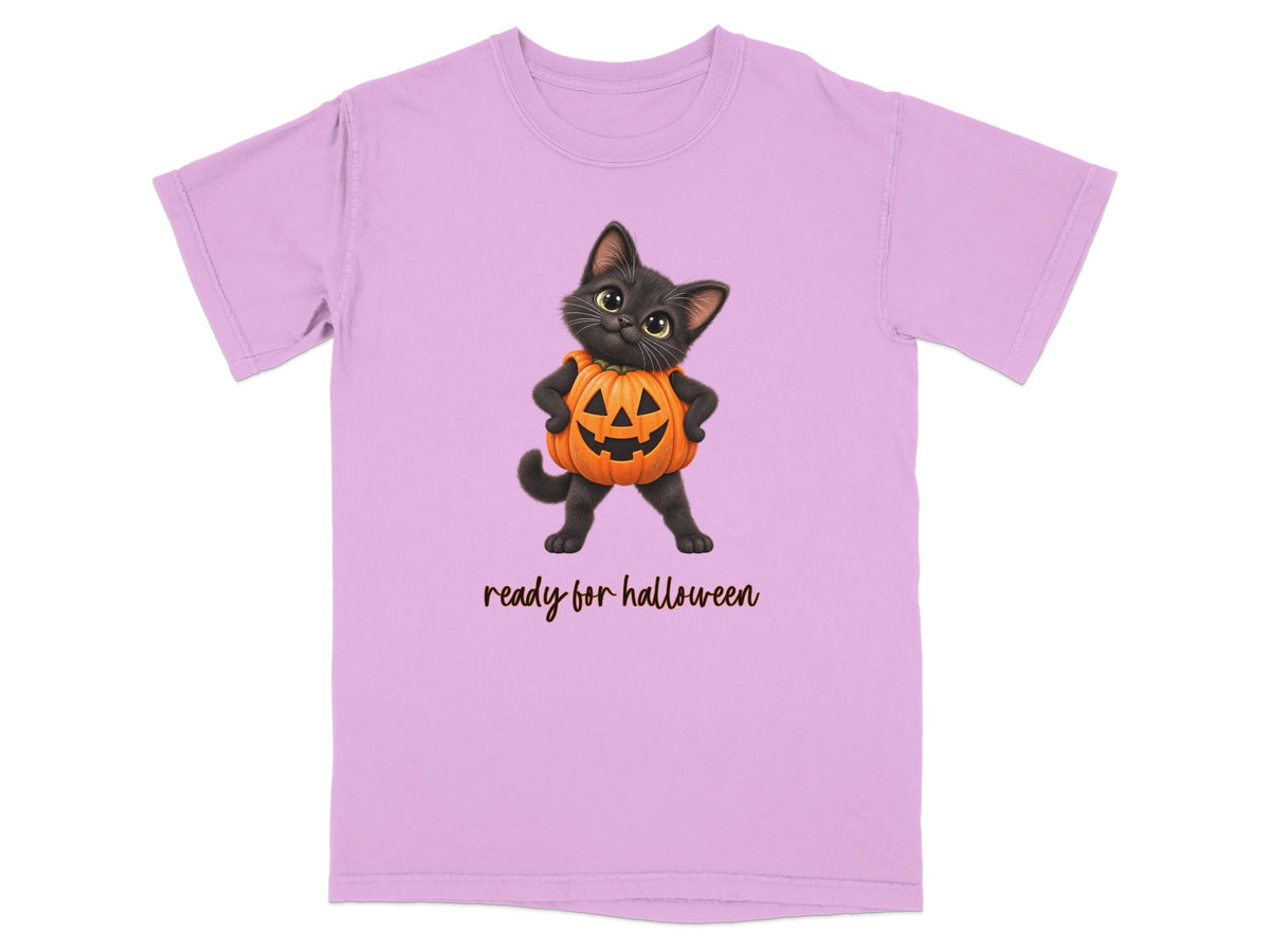 Black cat in pumpkin costume on a lilac t-shirt with text "ready for halloween".