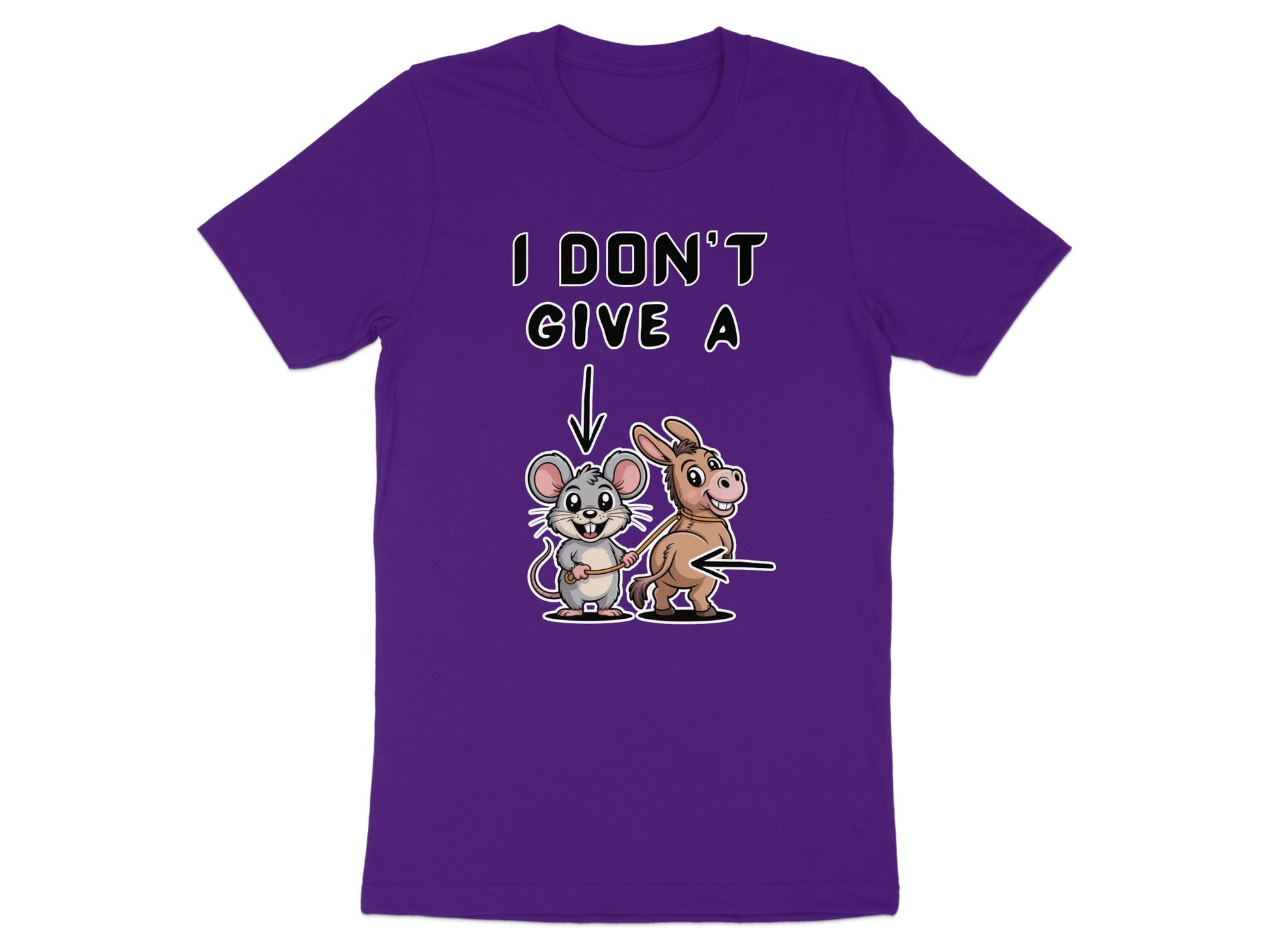 Cartoon mouse on purple t-shirt holds rope attached to donkey's tail.