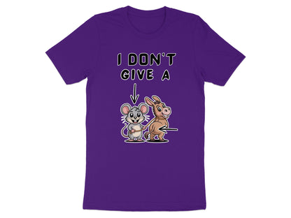 Cartoon mouse on purple t-shirt holds rope attached to donkey's tail.