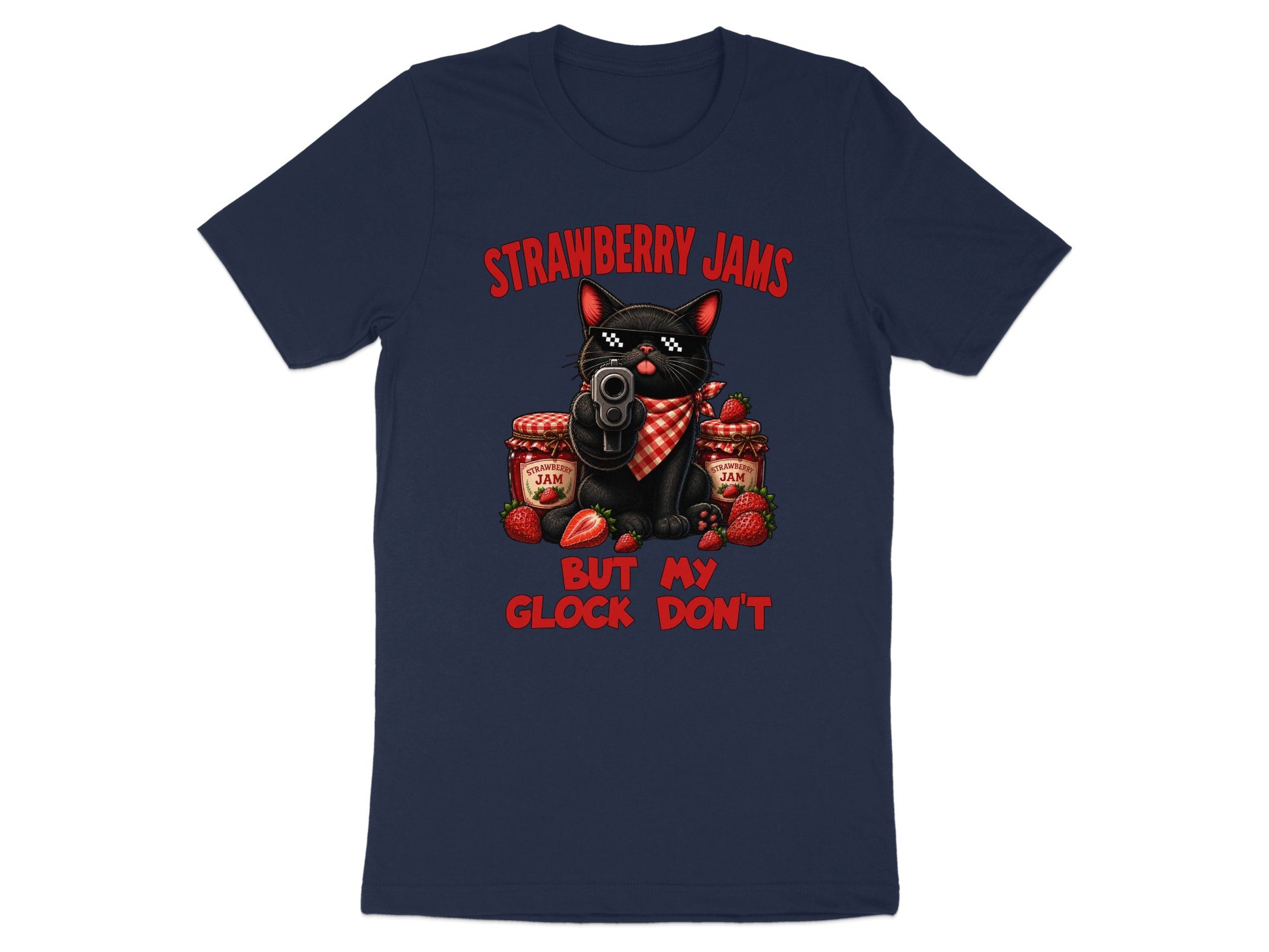 Black cat with gun, sunglasses, bandana, and strawberry jam jars; text reads "Strawberry Jams But My Glock Don't".