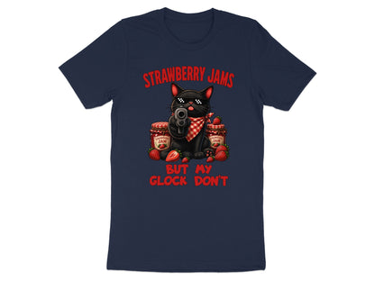 Black cat with gun, sunglasses, bandana, and strawberry jam jars; text reads "Strawberry Jams But My Glock Don't".