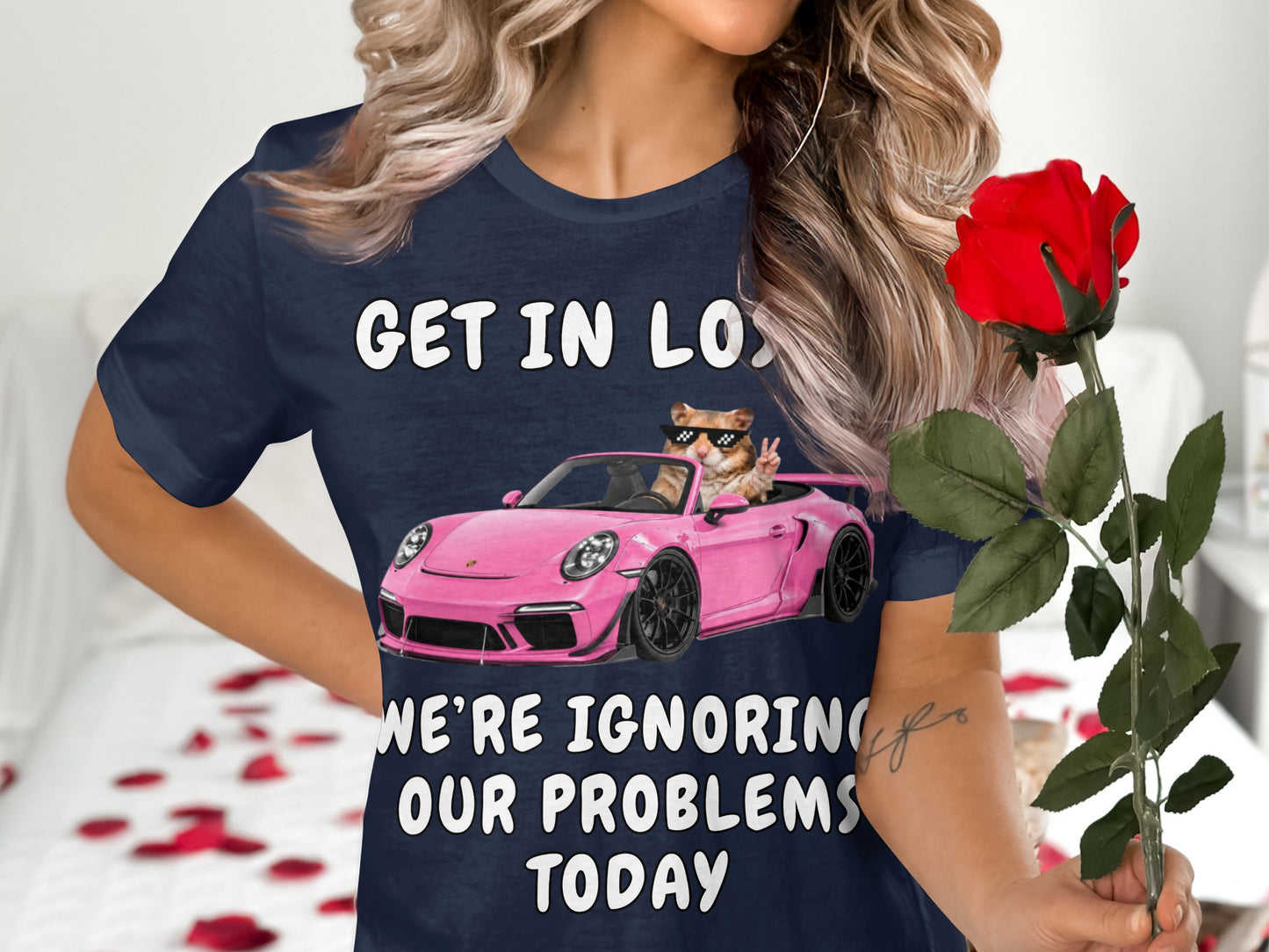 Navy t-shirt with text "GET IN LOSE", cat in car, and "WE'RE IGNORING OUR PROBLEMS TODAY".
