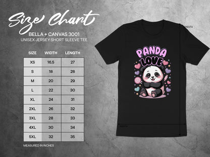 BELLA + CANVAS 3001 unisex t-shirt size chart with panda graphic.