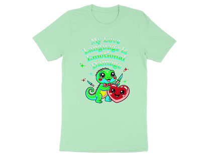 Green t-shirt with text "My Love Language Is Emotional Damage" and cartoon dinosaur holding a heart.