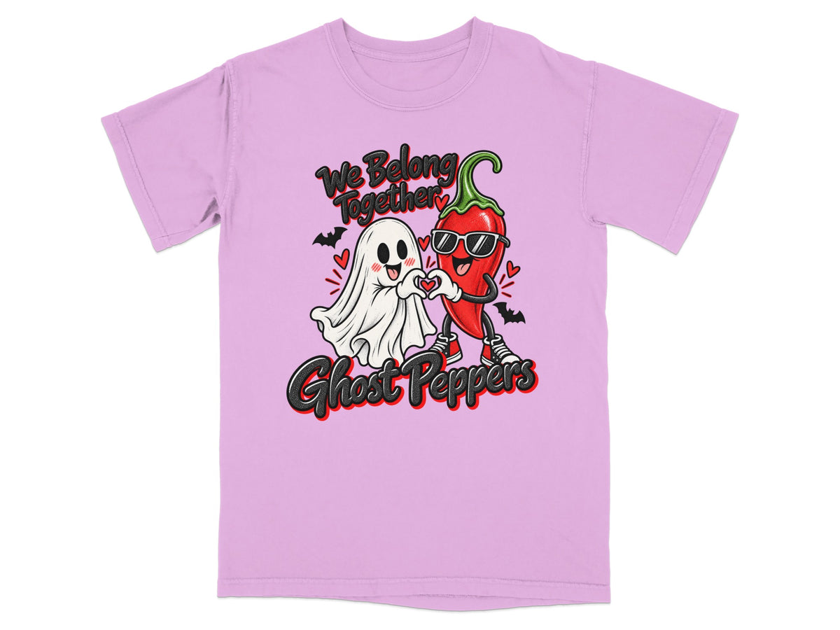 Ghost and chili pepper forming heart on pink shirt with text "Ghost Peppers".