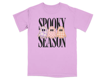 Purple t-shirt with "Spooky Season" text and three cartoon ghosts.