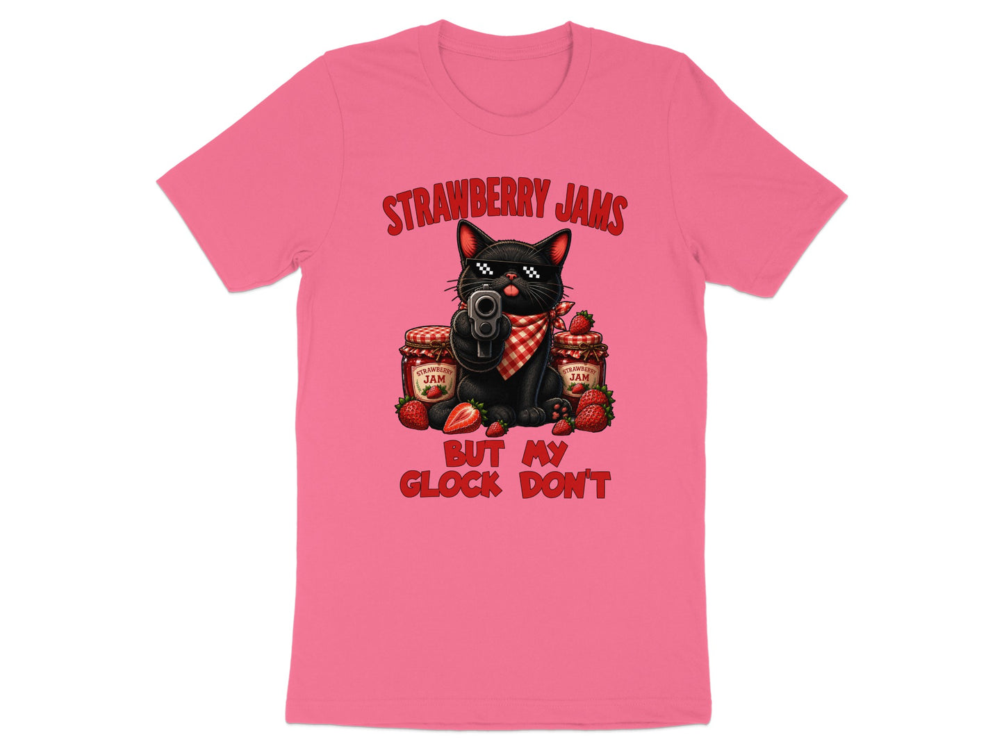 Black cat with gun and strawberry jam jars, text "Strawberry Jams But My Glock Don't."