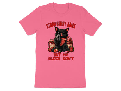 Black cat with gun and strawberry jam jars, text "Strawberry Jams But My Glock Don't."