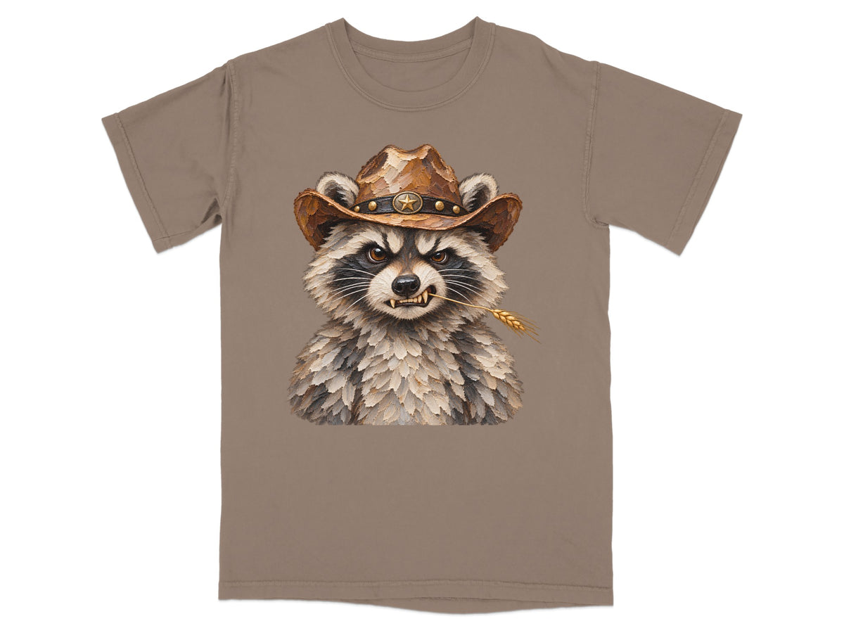 Raccoon wearing a cowboy hat with a wheat stalk in its mouth on a tan t-shirt.