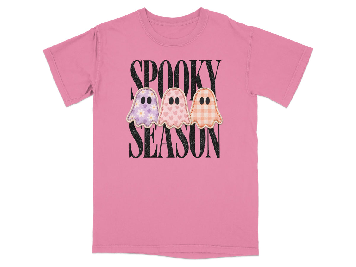 Pink t-shirt with "SPOOKY SEASON" text and three patterned ghosts.