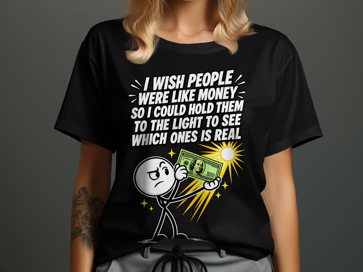 Black t-shirt with text and cartoon character holding a $100 bill.