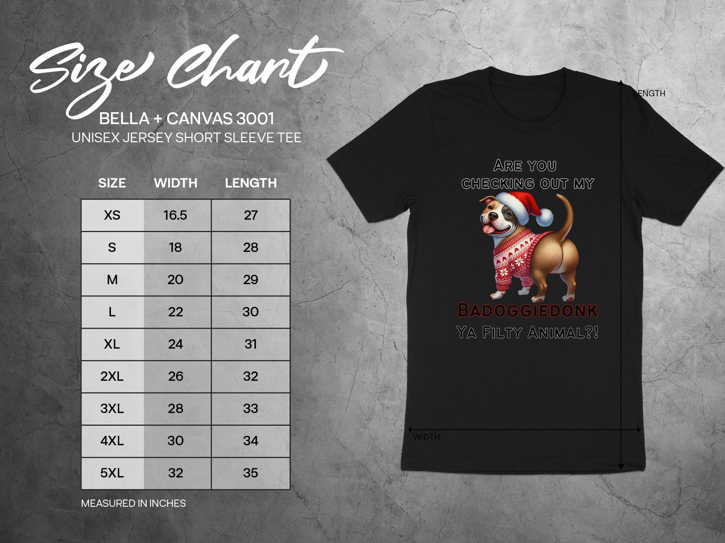 Size chart for Bella + Canvas 3001 unisex tee with dog graphic.