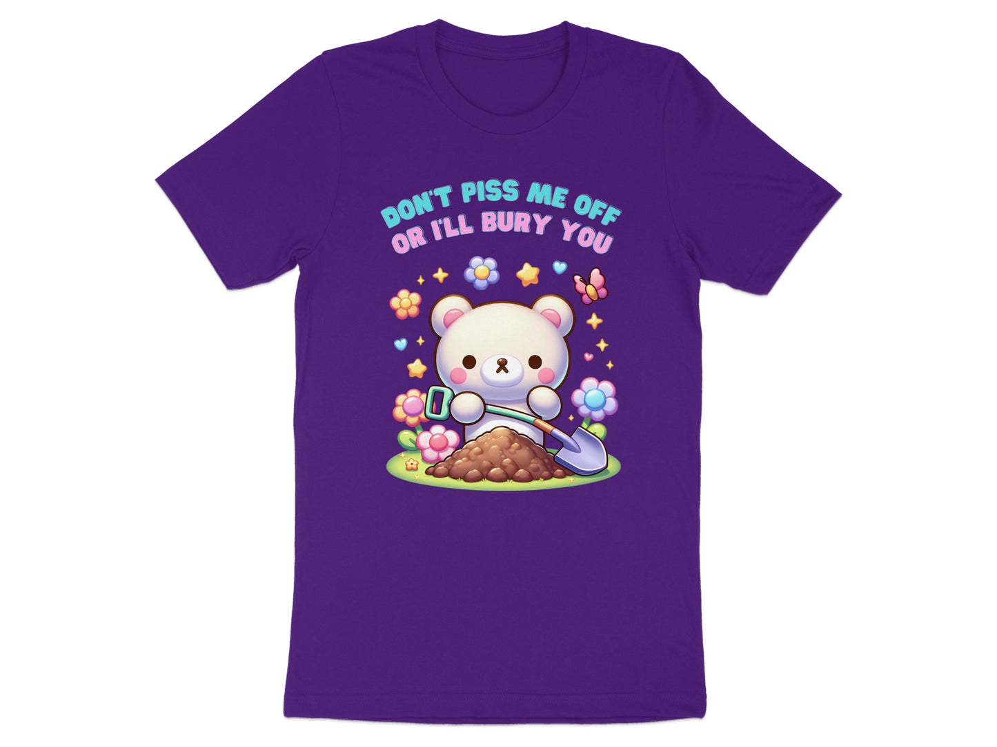 Purple t-shirt with a cartoon bear digging a hole with a shovel.