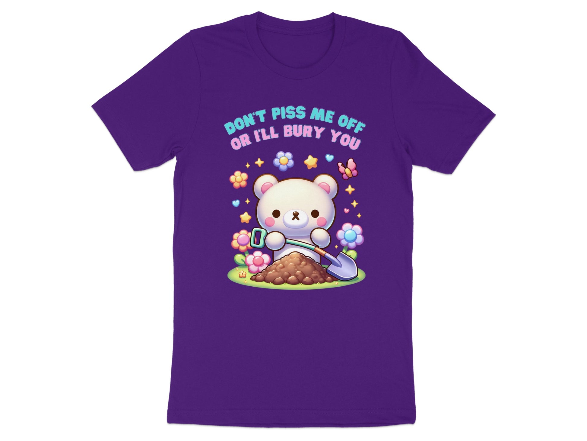 Purple t-shirt with a cartoon bear digging a hole with a shovel.