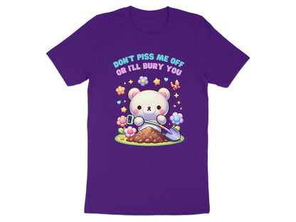 Purple t-shirt with a cartoon bear digging a hole with a shovel.